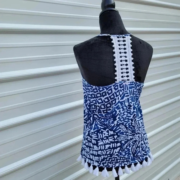 Lilly Pulitzer Nya Tank Blue White Racerback Crochet Lace Stretch Pom Trim XXS - Picture 8 of 13